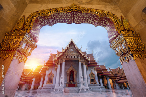 Sunset at The marble temple,Wat Benchamabopitr Dusitvanaram Bangkok Thailand photo
