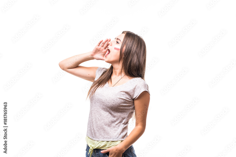 Face portrait of Poland woman football fan scream support Poland national team on white background. Football fans concept. Face portrait of Poland woman football fan scream support Poland national team on white background. Football fans concept.