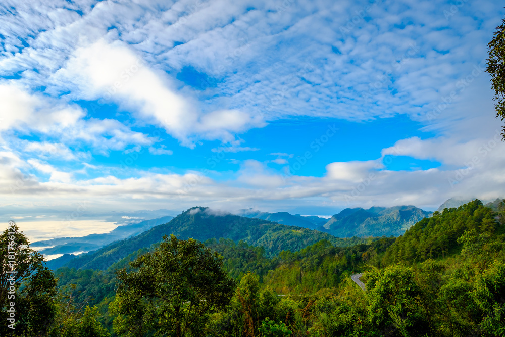 high mountains peaks range clouds in fog scenery landscape national park view outdoor  at Doi Ang Khang, Chiang Mai Province, Thailand