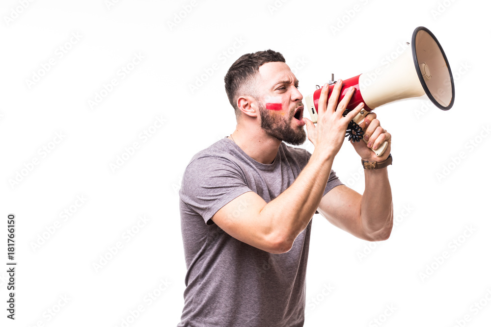 Scream on megaphone Poland football fan in game supporting of Poland national team on white background. Football fans concept. Scream on megaphone Poland football fan in game supporting of Poland national team on white background. Football fans concept.