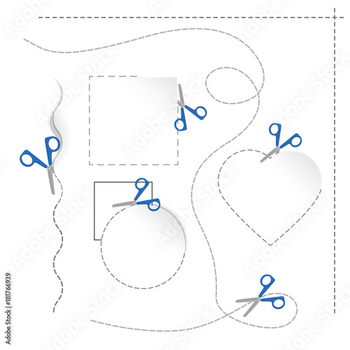 Dashed wavy and straight lines with scissors cutting figures