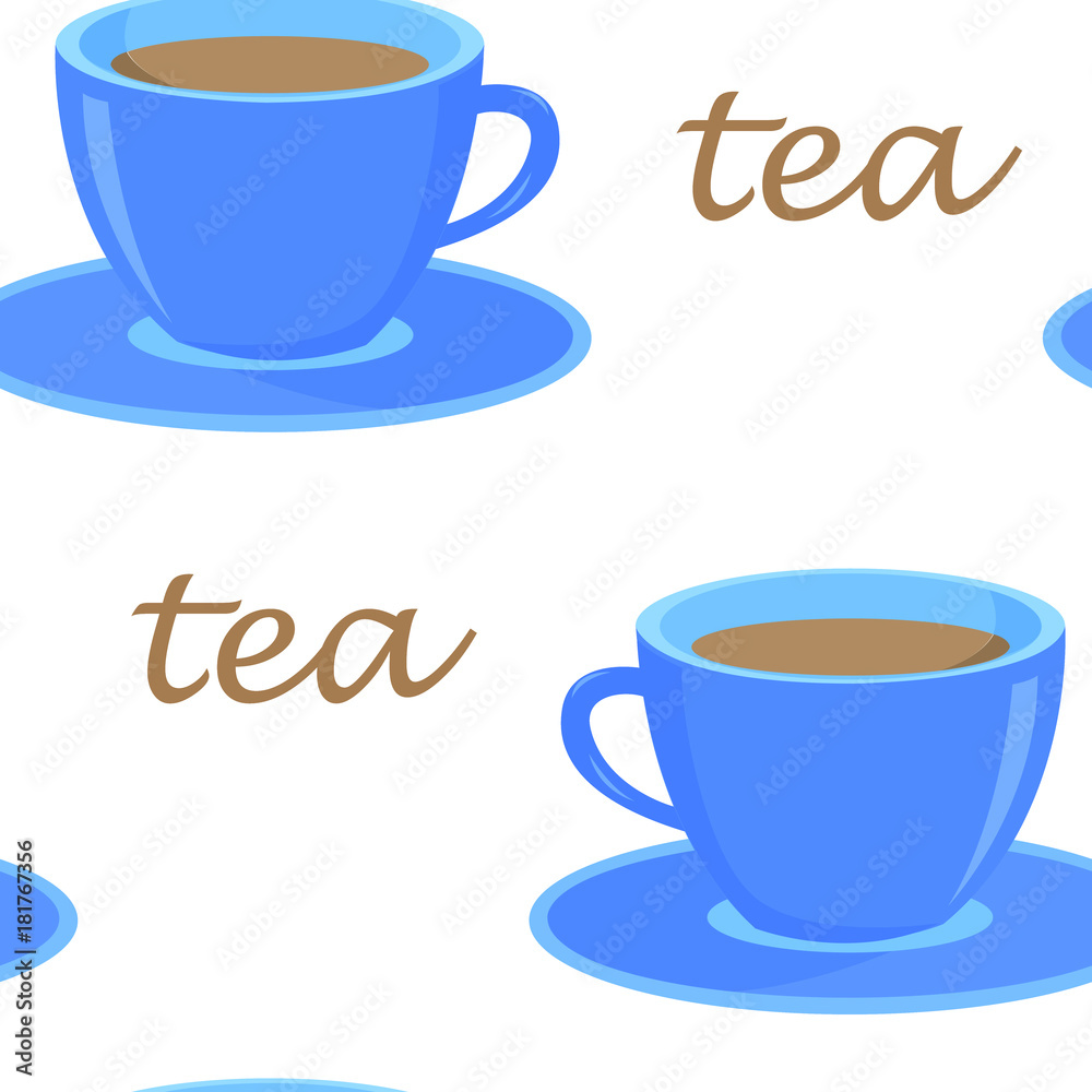 Seamless pattern with a blue cup of tea, the word tea Seamless pattern with a blue cup of tea, the word tea