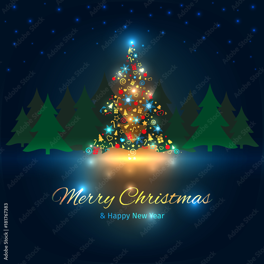 Christmas tree with lights, Christmas and New Year greeting card, well organized layers Christmas tree with lights, Christmas and New Year greeting card, well organized layers