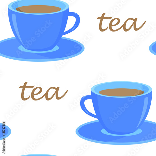 Seamless pattern with a blue cup of tea, the word tea
