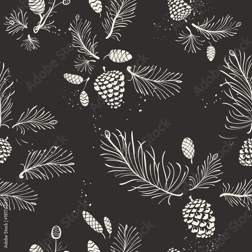 Seamless Christmas Pattern with Hand drawn Needles Twigs - Pine, Spruce and Cones