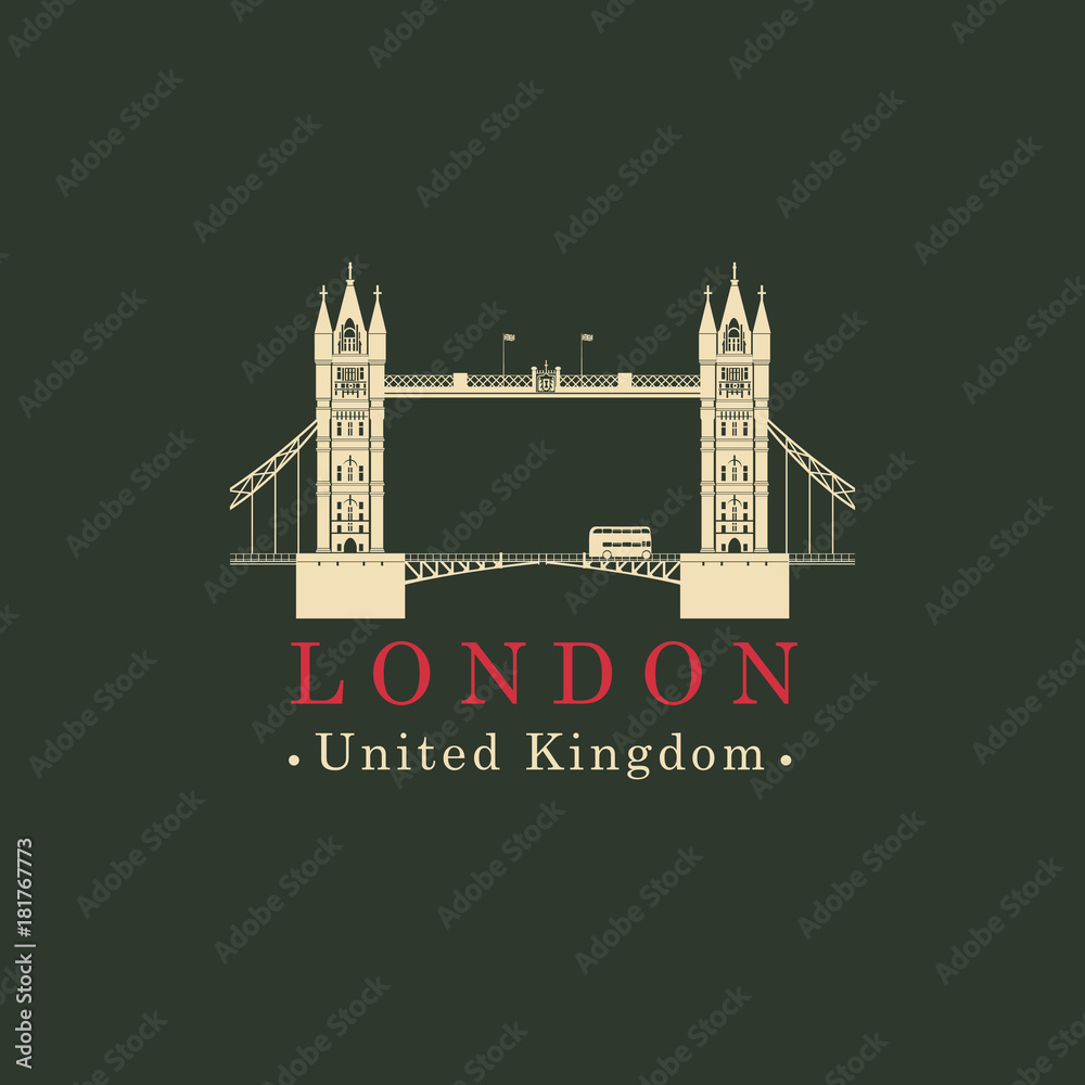 Vector travel illustration, banner or icon. London Bridge Logo. Tower Bridge. Attraction of the capital of England. English architectural landmark. United Kingdom