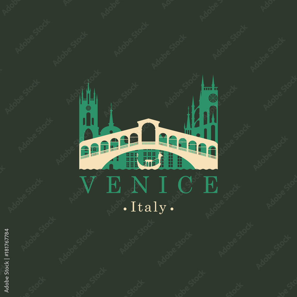 Obraz premium Ilustracja wektorowa podróży, baner lub ikona. Logo mostu Rialto. Ponte di Rialto i gondola na tle starych budynków Wenecji. Punkt orientacyjny Wenecji. Włoska atrakcja architektoniczna