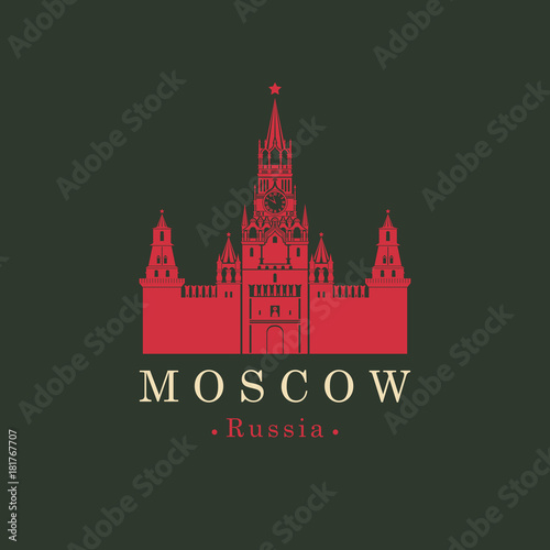 Vector travel banner or logo. Spasskaya tower of the Kremlin on red square in Moscow, Russia. Russian national landmark in retro style