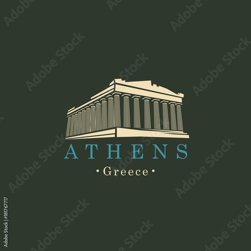 Vector travel banner or logo. Parthenon from Athens, Acropolis, Greece. Greek ancient national landmark in retro style