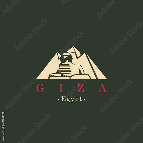 Vector travel banner or logo. The pyramid with the Sphinx in Giza, Egypt. A monument of architectural art of Ancient Egypt, Egyptian national landmark