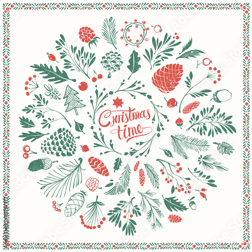 Christmas Floral Design Elements with Shabby Texture