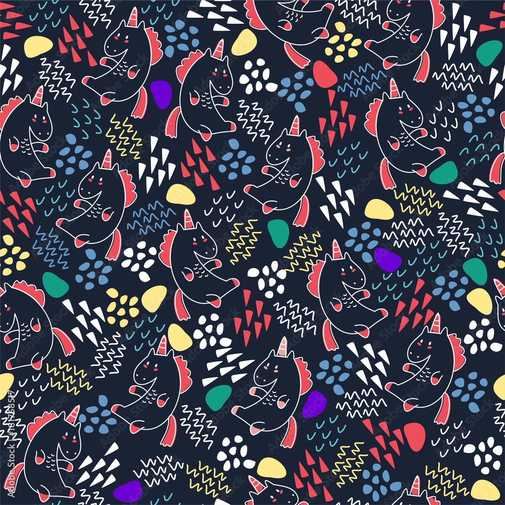 Bright seamless pattern with a cartoon unicorn and abstract elements. Vector background. Bright seamless pattern with a cartoon unicorn and abstract elements. Vector background.