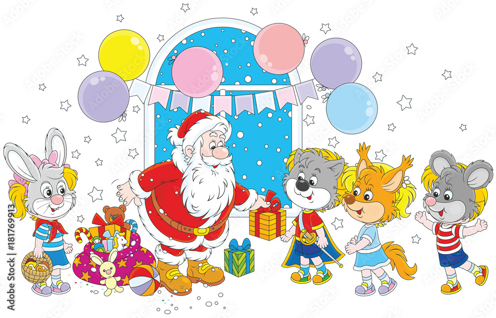 Santa Claus giving Christmas presents to little children in masquerade masks of funny animals Santa Claus giving Christmas presents to little children in masquerade masks of funny animals
