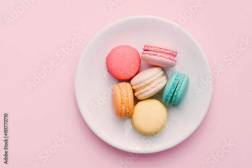 Homemade Colorful macaroons or macaron on White plate