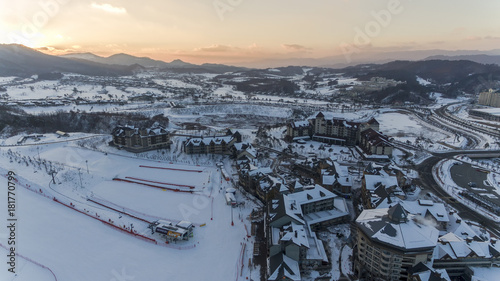 PYEONGCHANG, SOUTH KOREA: Winter view of ski resort in Pyeongchang, South Korea. Sports facility for the Winter Olympic Games in 2018
