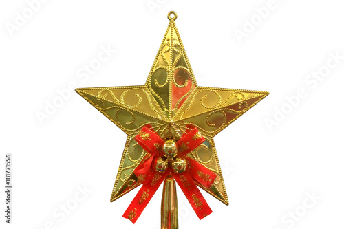 Gold glitter star decoration on top of a Christmas tree with isolated against white