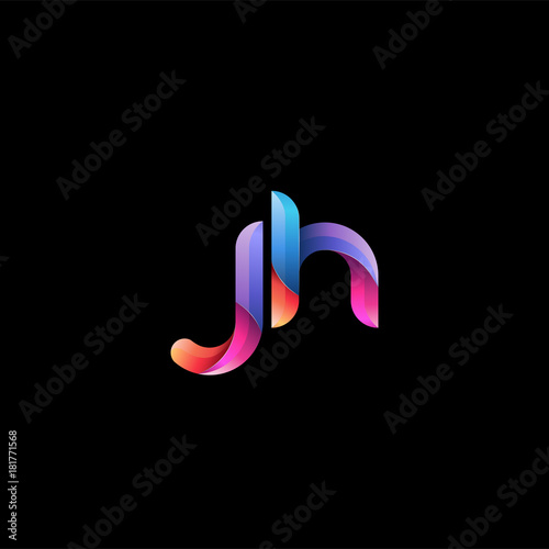Initial lowercase letter jh, curve rounded logo, gradient vibrant colorful glossy colors on black background