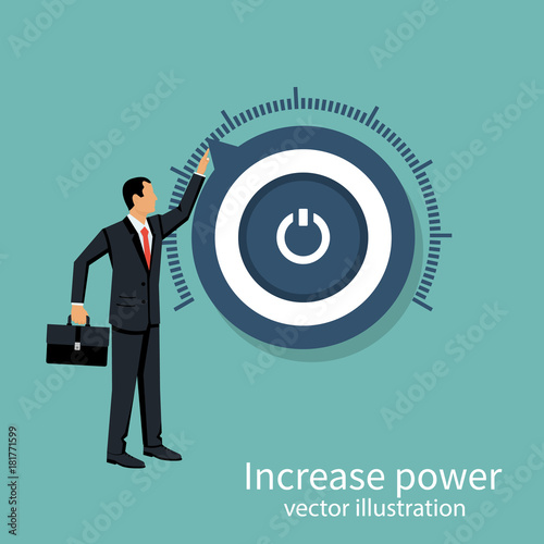 More power. Business aspirations. Vector illustration flat design. Isolated on background. Business people. Human twists handle of regulator. 