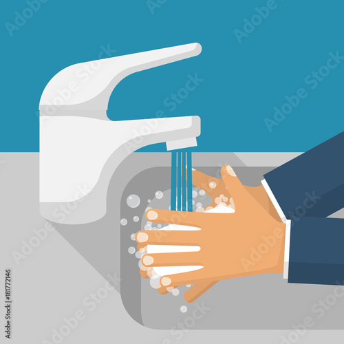Wash hands in sink. Man holding soap in hand under water tap. Arm in foam soap bubbles. Vector illustration flat design isolated on background. Personal hygiene. Disinfection, antibacterial washing.