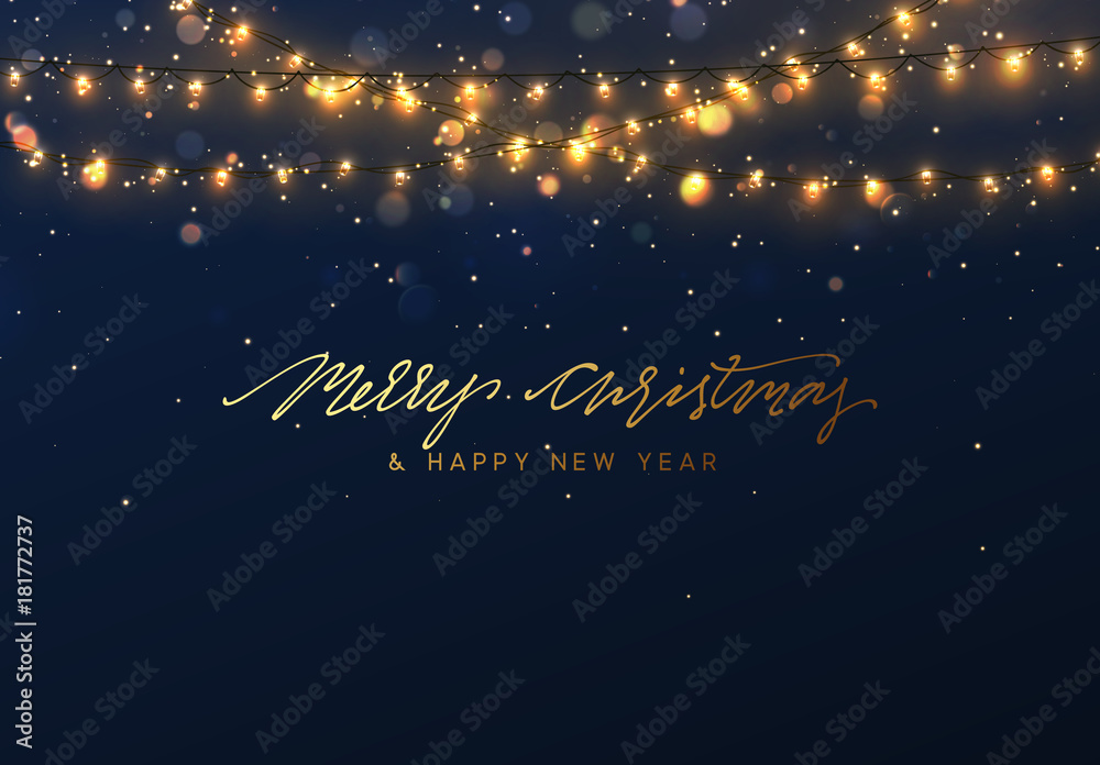 Christmas background with bright realistic garlands. Christmas glowing lights. Xmas Holiday. Greeting cards design