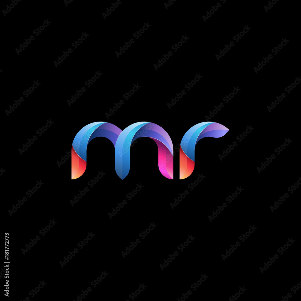 Initial lowercase letter mr, curve rounded logo, gradient vibrant colorful glossy colors on black background