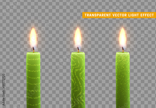 Candles burn with fire. Set of paraffin candles realistic isolated on transparent background. Element for design decor, vector illustration