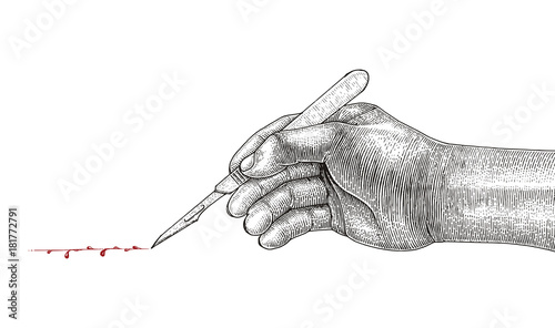 Doctor Hand holding scalpel,Surgical drawing vintage style on white background