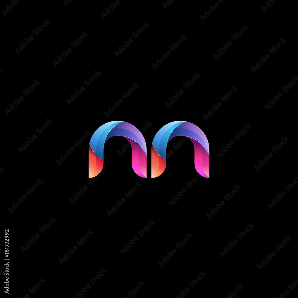 Initial lowercase letter nn, curve rounded logo, gradient vibrant colorful glossy colors on black background
