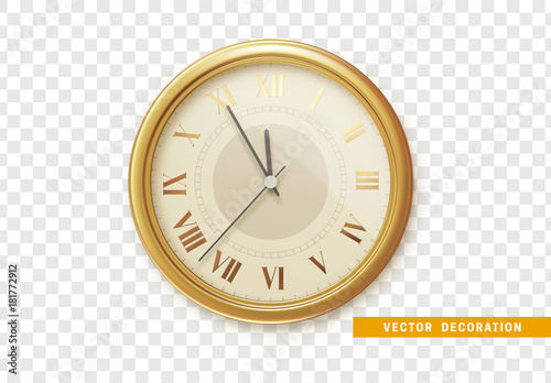 Retro gold clock, five minutes to midnight. Watch isolated on transparent background