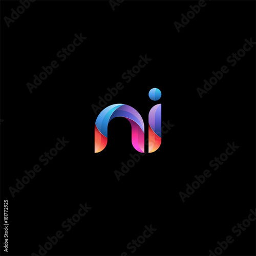 Initial lowercase letter ni, curve rounded logo, gradient vibrant colorful glossy colors on black background