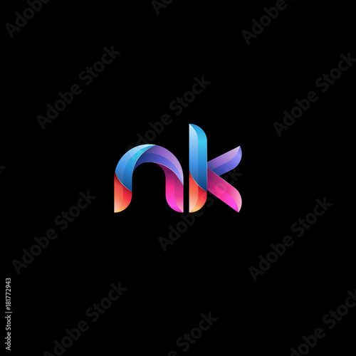 Initial lowercase letter nk  curve rounded logo  gradient vibrant colorful glossy colors on black background