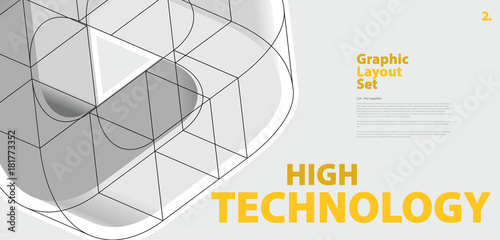 Graphic layout set with abstract curved vector shape, reminiscent of technological development, nanotechnology component. Isometric brand high technology institution, research center, laboratories.