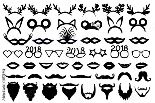 Christmas (new year) party set. Horns, ears, carnival masks, lips, glasses, moustache, beards.