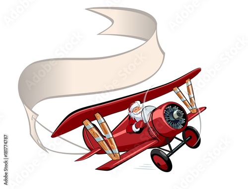 Cartoon retro Christmas airplane with banner
