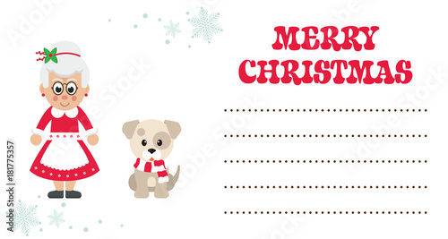 cartoon mrs santa and winter dog christmas card