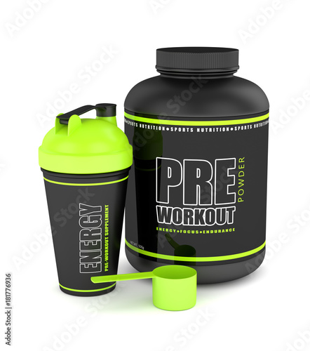 3d render of pre-workout powder with shaker and spoon photo