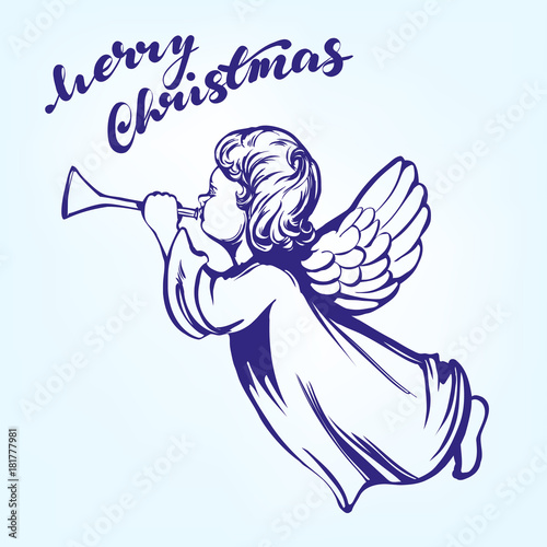 angel flies and plays the trumpet , religious symbol of Christianity hand drawn vector illustration sketch