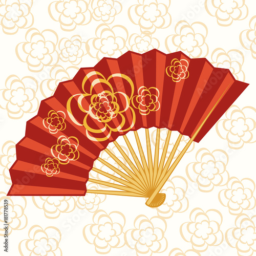Oriental folding fan with flowers