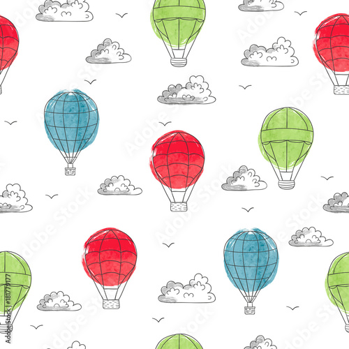 Fototapeta Bezszwowy wzór z nakreśleniem lata lotniczych balony. Ilustracji wektorowych.