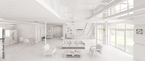 White loft interior panorama 3d rendering