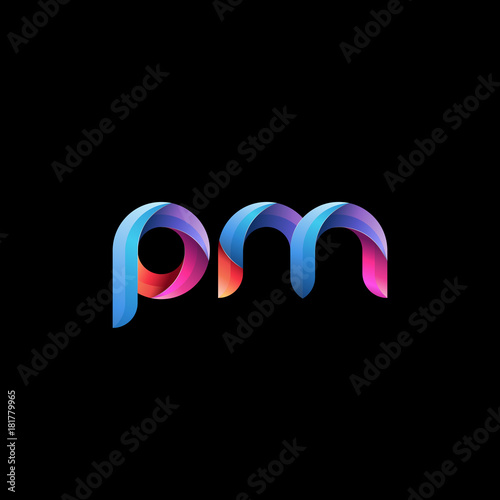 Initial lowercase letter pm, curve rounded logo, gradient vibrant colorful glossy colors on black background