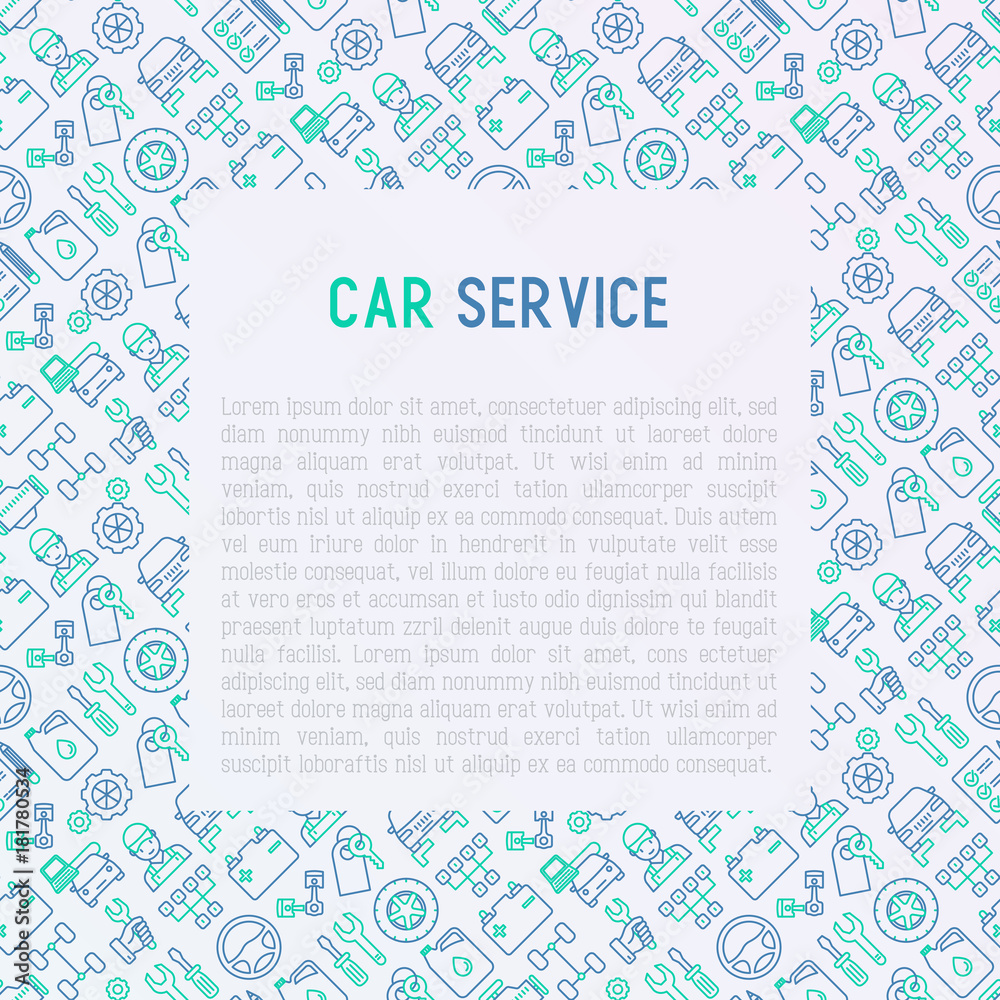 Car service concept with thin line icons of mechanic, computer diagnostics, tools, wheel, battery, transmission, jack. Modern vector illustration for banner, web page, print media. Car service concept with thin line icons of mechanic, computer diagnostics, tools, wheel, battery, transmission, jack. Modern vector illustration for banner, web page, print media.