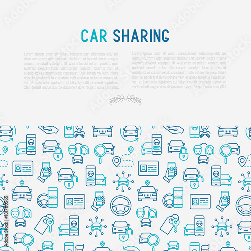 Car sharing concept with thin line icons of driver's license, key, blocked car, pointer, available, searching of car. Vector illustration for banner, web page, print media.