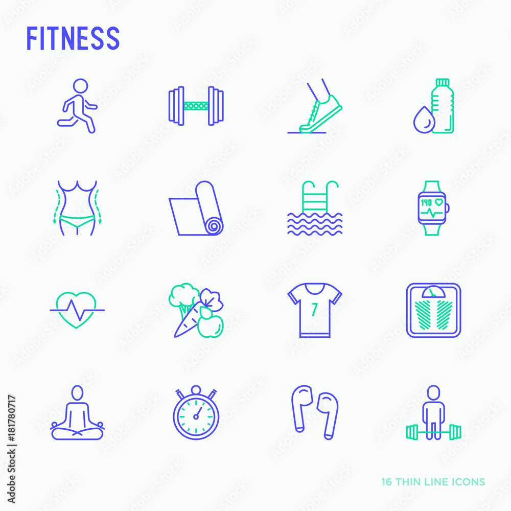 Fitness thin line icons set of running, dumbbell, waist, healthy food, swimming pool, pulse, wireless earphones, sportswear, yoga. Modern vector illustration.