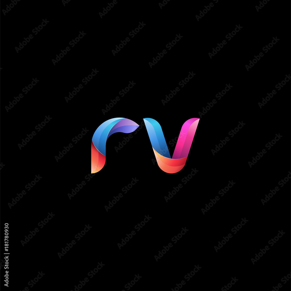 Fototapeta premium Initial lowercase letter rv, curve rounded logo, gradient vibrant colorful glossy colors on black background