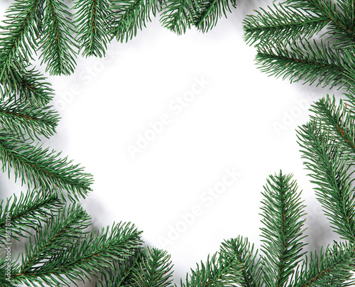 Christmas fir tree frame on white background. Free space