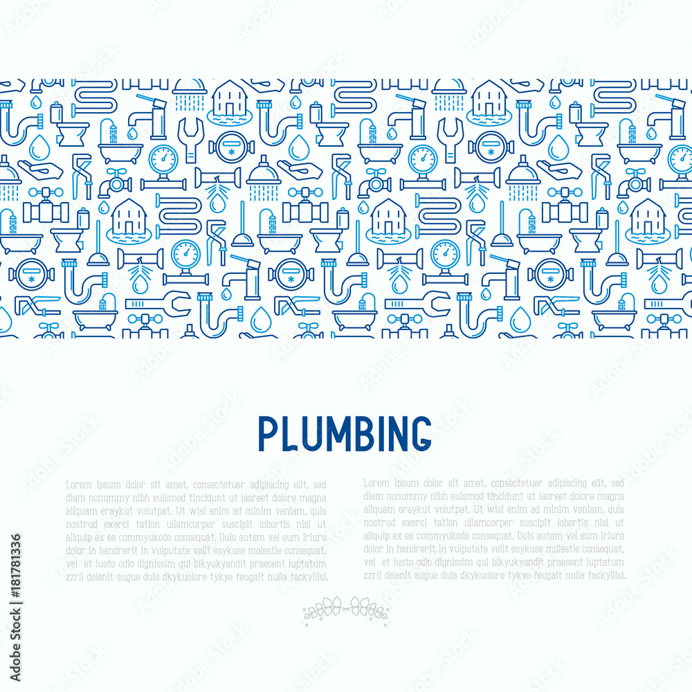 Plumbing concept with thin line icons of bathtub, shower, pipe, wrench, drop, leakage, meter, plunger. Modern vector illustration for banner, web page, print media.