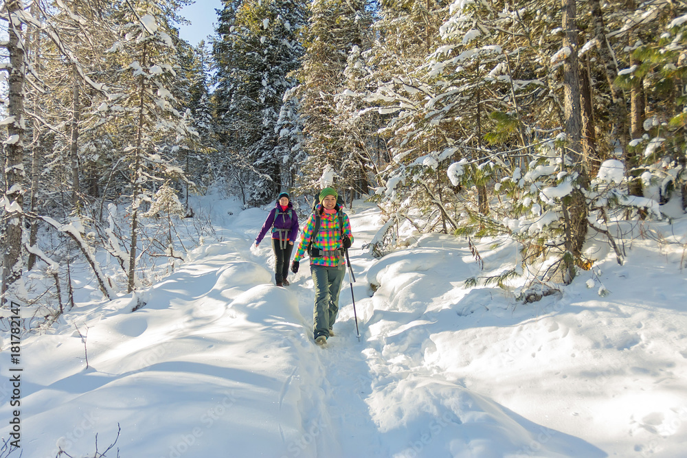 two happy women traveler with backpacks walking in winter forest