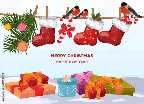 Merry Christmas colorful gift boxes and red santa socks Vector illustrations