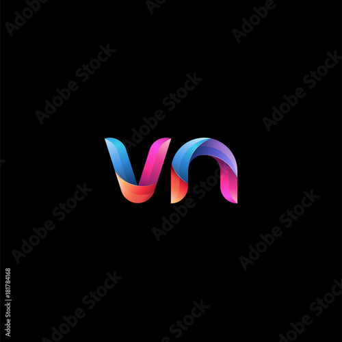 Initial lowercase letter vn, curve rounded logo, gradient vibrant colorful glossy colors on black background